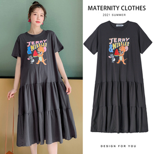 孕妇夏装上衣韩版中长款2021新款宽松纯棉外出孕妇连衣裙夏天裙子