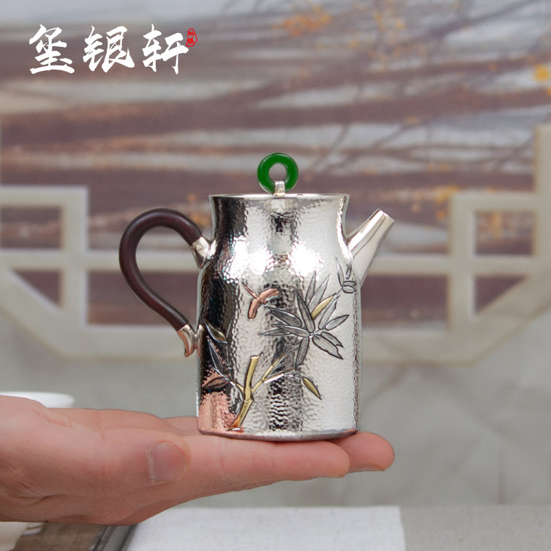 纯银泡茶壶一张打日式茶道云南银A壶纯手工竹子茶壶纯银999茶具壶