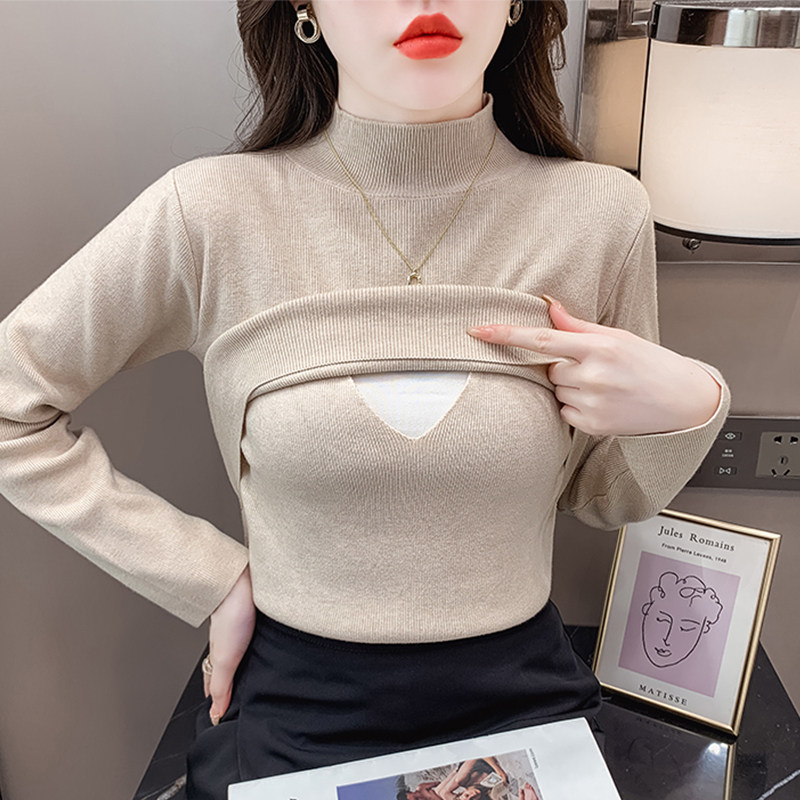 哺乳衣外出辣妈款秋冬装显瘦加厚半高领打底毛衣产后百搭喂奶上衣