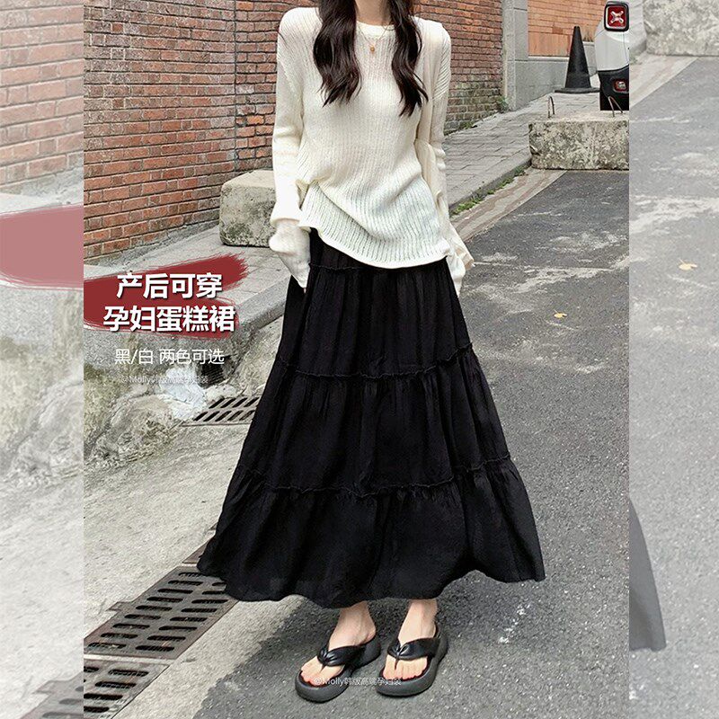 孕妇白色A字蛋糕裙春夏秋季外穿时尚显瘦中长款产后可穿半身裙子