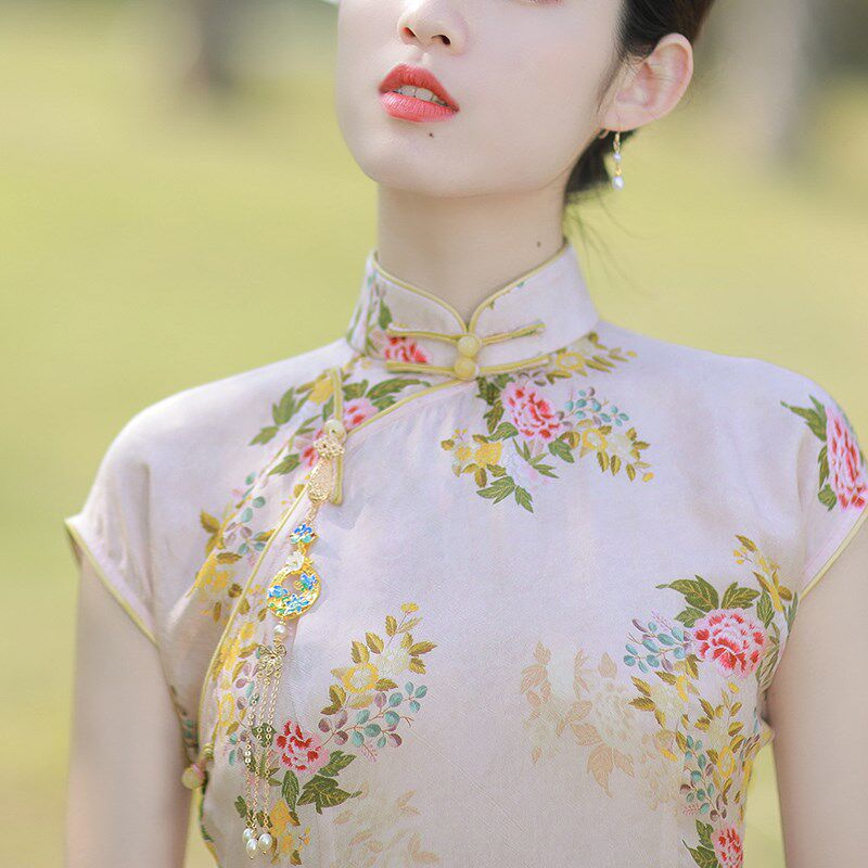 锦瑟 迟年夏季复古中式印花优雅半袖长款年轻款连衣裙日常旗袍