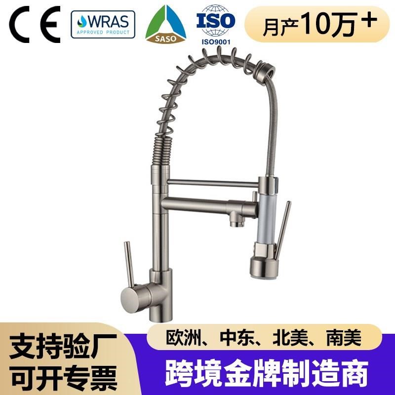 弹簧双出水龙头冷热水全铜镍拉丝美式旋转拉伸水槽水龙头