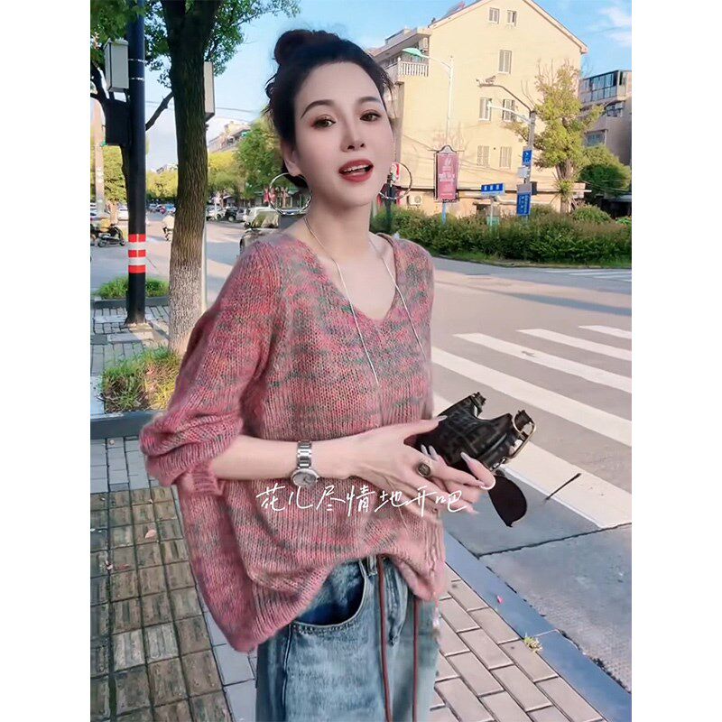 韩系V领撞色毛衣女款2025新款春秋慵懒风宽松休闲套头针织衫上衣