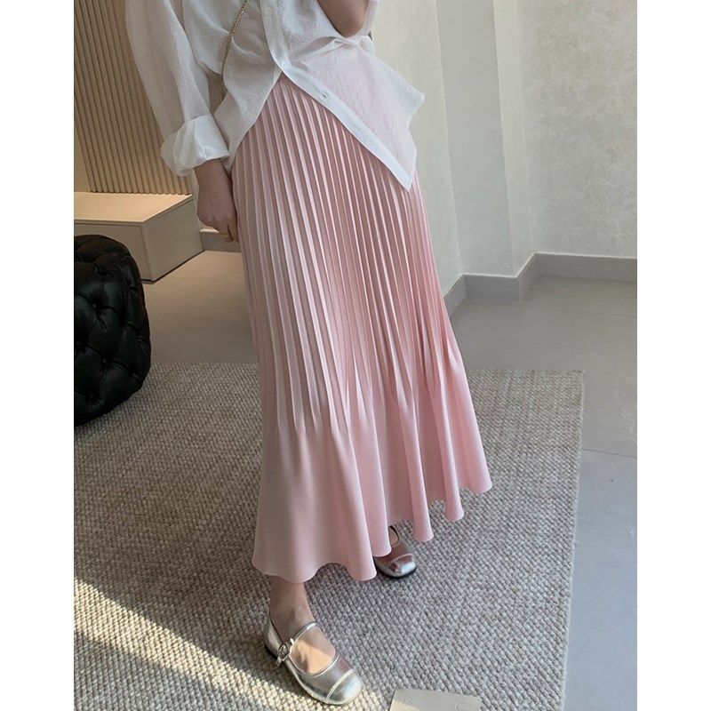 新款高级感丝绸缎面孕妇百褶半身裙女夏季显瘦百搭托腹鱼尾中长裙