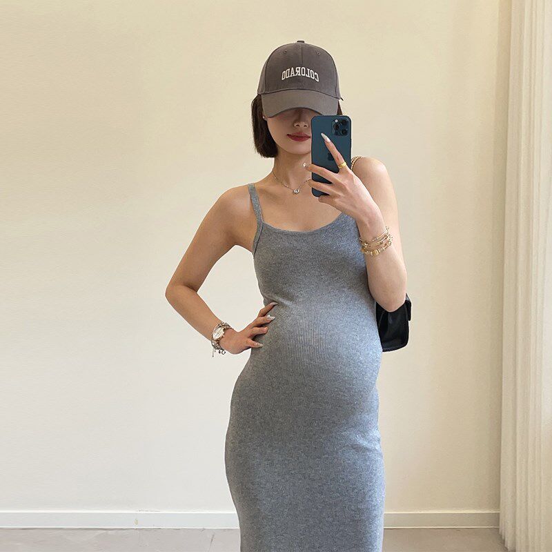 2024春新款孕妇装显瘦基础打底方领吊带无袖中长款针织连衣裙女