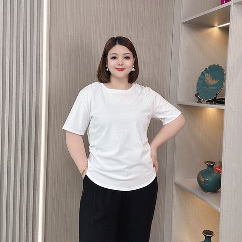 大码女装夏季短袖T恤女胖mm200斤休闲时尚侧边褶皱显瘦洋气上衣潮