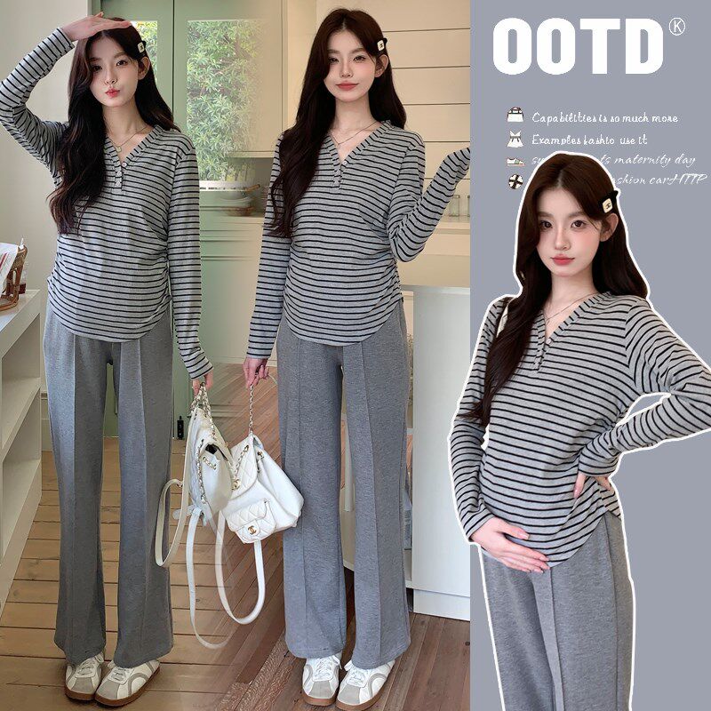 孕妇装春装长袖条纹上衣春季裤子2025新款孕妇套装春秋两件套潮妈