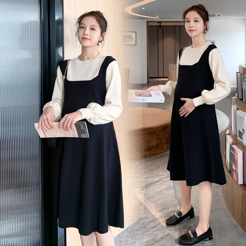 孕妇装秋冬款连衣裙针织宽松大码上衣小个子假两件毛衣拼接裙子