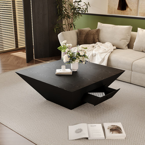 侘寂风复古茶几民宿中古风意式黑色方形矮茶桌抽屉收纳小户型家具