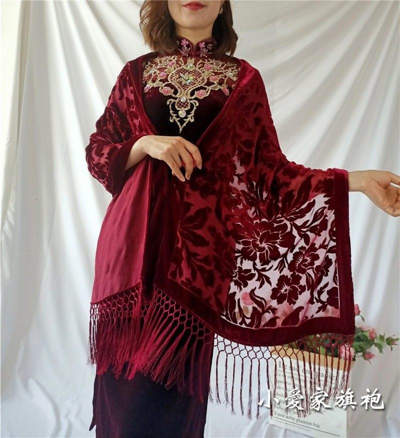 夏季红色高档真丝披肩复古流苏搭配丝绒旗袍礼服婚宴妈妈外披薄款