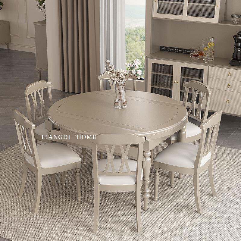 美式轻奢实木香槟色餐桌椅子组合伸缩折叠圆桌现代客厅6人8人桌子
