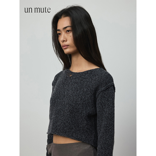 UN MUTE25SS 特细美利奴羊毛混纺领口破坏设计短款针织羊毛衫