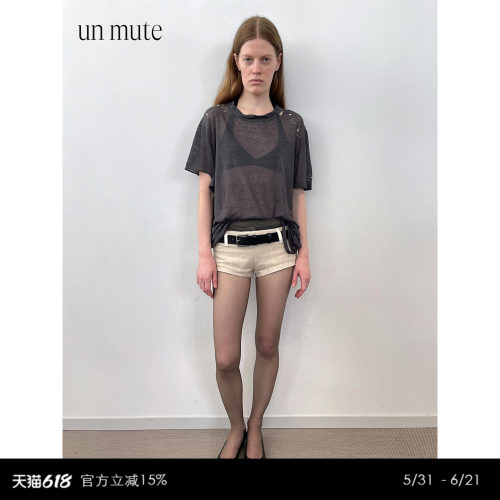 亚麻混纺破洞设计短袖T恤