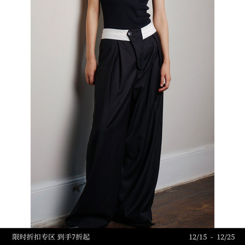 撞色解构腰头外露设计羊毛西裤