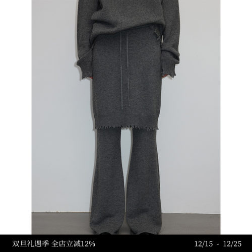 100牦牛绒假两件抽绳腰针织长裤