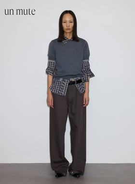 UN MUTE25秋新品 100羊毛下摆破坏毛边设计微宽松圆领短袖针织衫