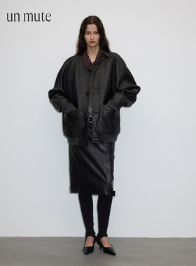UN MUTE25FW 进口羊皮革手工擦色做旧设计无领贴袋羊皮皮衣外套