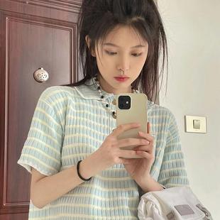 胖mm设计感小众甜美短款 POLO领针织衫 大码 条纹短袖 上衣 t恤女夏季