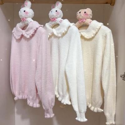 奶fufu慵懒毛衣秋冬毛绒绒穿搭软糯白色马海毛娃娃领针织减龄上衣