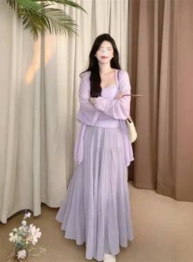 2025春季新款韩版时尚气质显瘦紫色开衫吊带上衣半身裙三件套装女