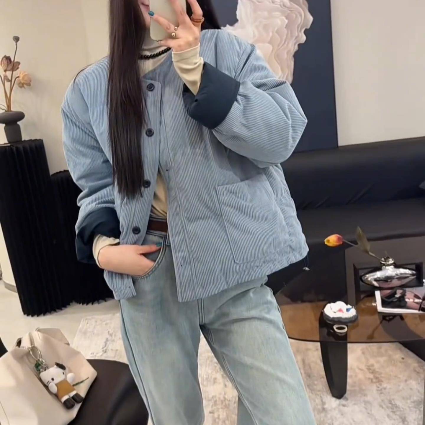 大码女装灯芯绒圆领工装羽绒棉服女短款2025冬季胖mm蓝色减龄棉袄