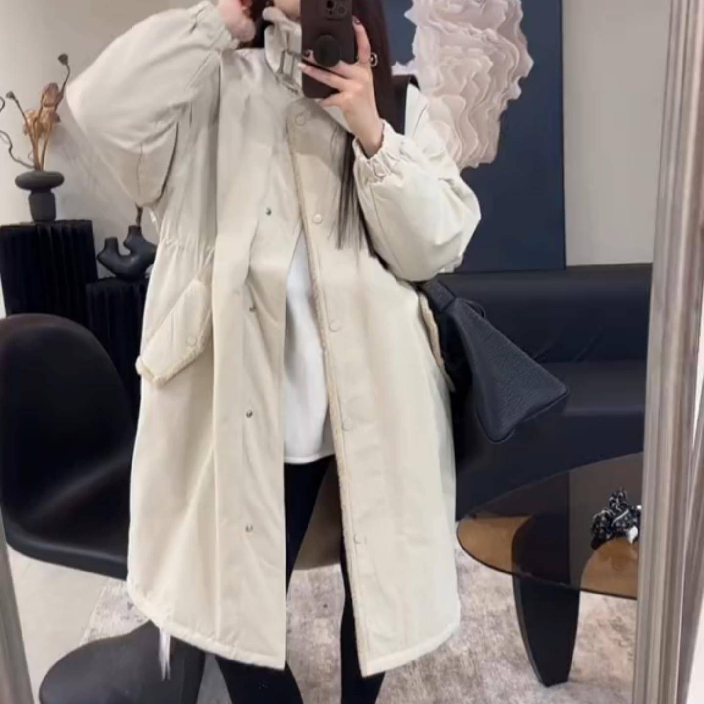 米色加绒加厚长款风衣派克服女冬季大码休闲宽松大被子立领棉服潮