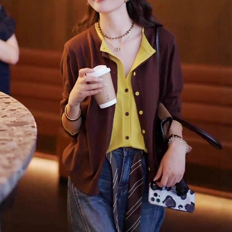 假两件撞色拼接长袖针织开衫女秋季大码胖MM显瘦设计感打底衫上衣