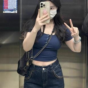 上衣女夏季 大码 欧美风方领短袖 新款 显瘦纽扣t恤 胖mm微胖短款 修身
