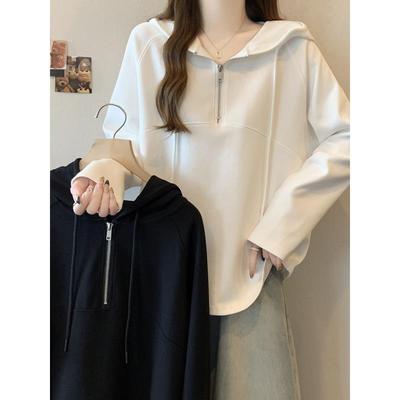 设计感半拉链连帽长袖卫衣女春秋季微胖mm大码遮肚子宽松百搭上衣