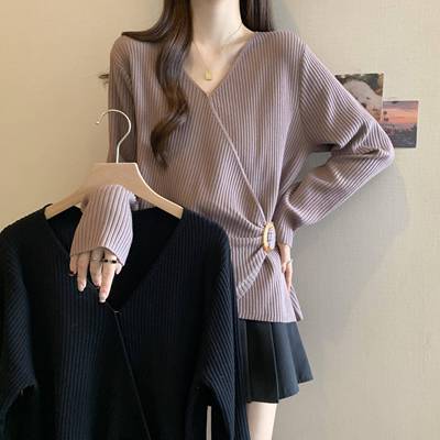 大码女装2025秋季不规则V领针织打底衫胖mm收腰显瘦独特别致上衣