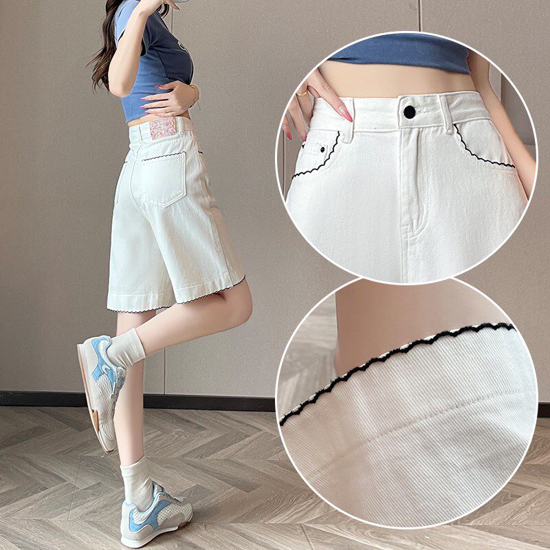 白色国潮刺绣五分牛仔短裤女2025夏季薄款小个子宽松显瘦阔腿中裤
