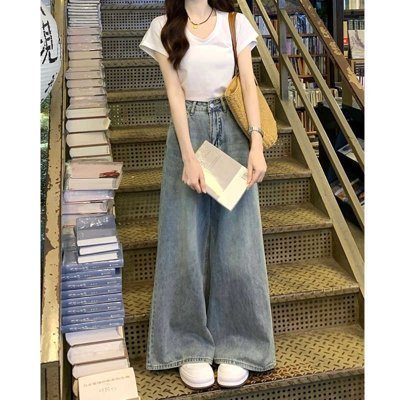 夏季新款高腰阔腿牛仔裤女学生百搭直筒裤子宽松显瘦垂感拖地长裤