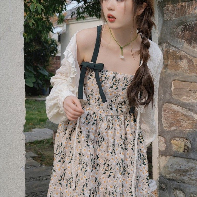 大口吃芝士大码女装胖mm无袖中长款A字裙夏季甜美少女印花吊带裙