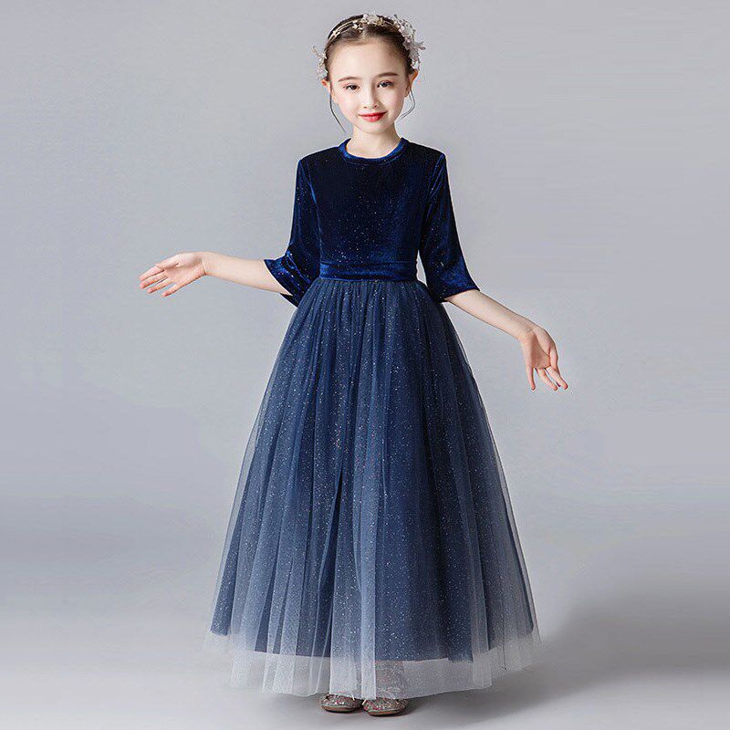 女童礼服春夏高端蓝色中袖丝绒连衣裙子女孩生日公主裙钢琴演出服