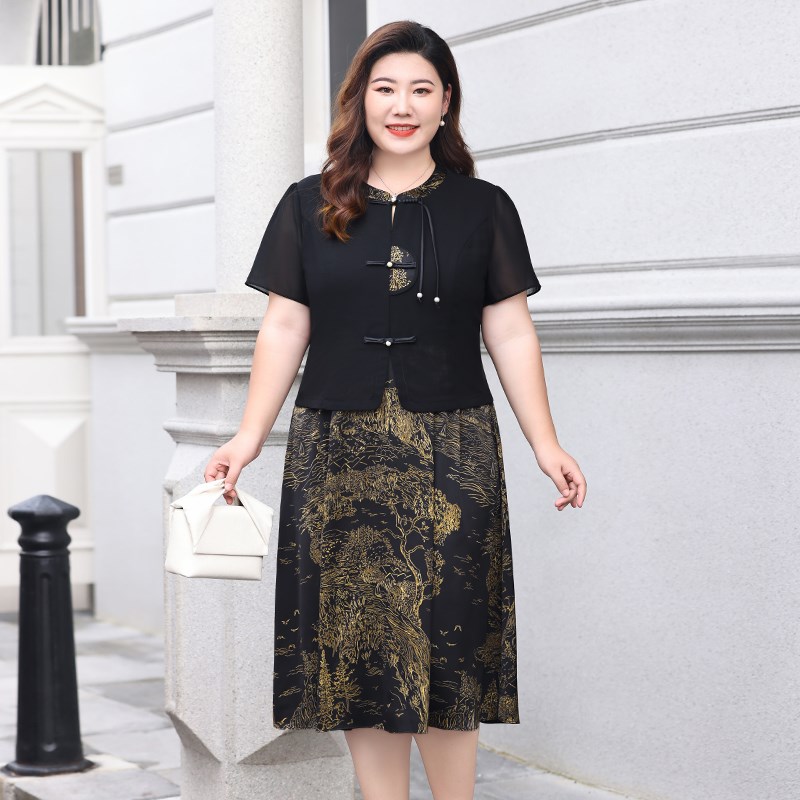 Q胖mm夏雪纺连衣裙大码新中式妈妈加肥国风盘扣旗袍领显瘦中长裙