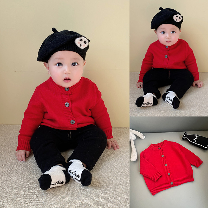 宝宝冬季红色节日衣服男童新年服打底衫儿童针织衫毛衣开衫外套潮