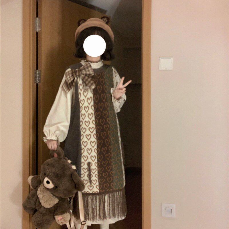 流苏背心连衣裙女装秋季小个子针织外搭毛衣裙奶系长裙子超好看