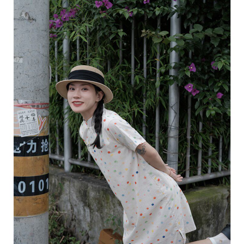 阿美商店 日系小众复古少女波点连衣裙俏皮可爱小个子立领旗袍裙