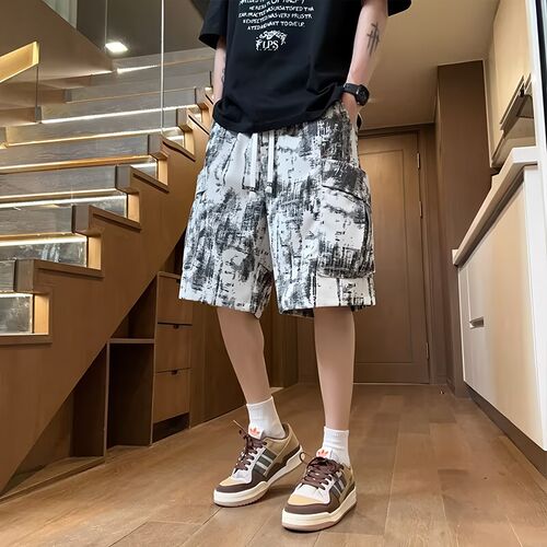 扎染迷彩工装短裤男夏季薄美式复古沙滩裤男生宽松休闲 五分