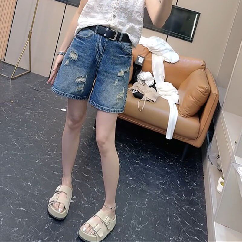 洋派破洞牛仔短裤女夏季新款大尺码胖mm高腰宽松显瘦直筒五分裤五