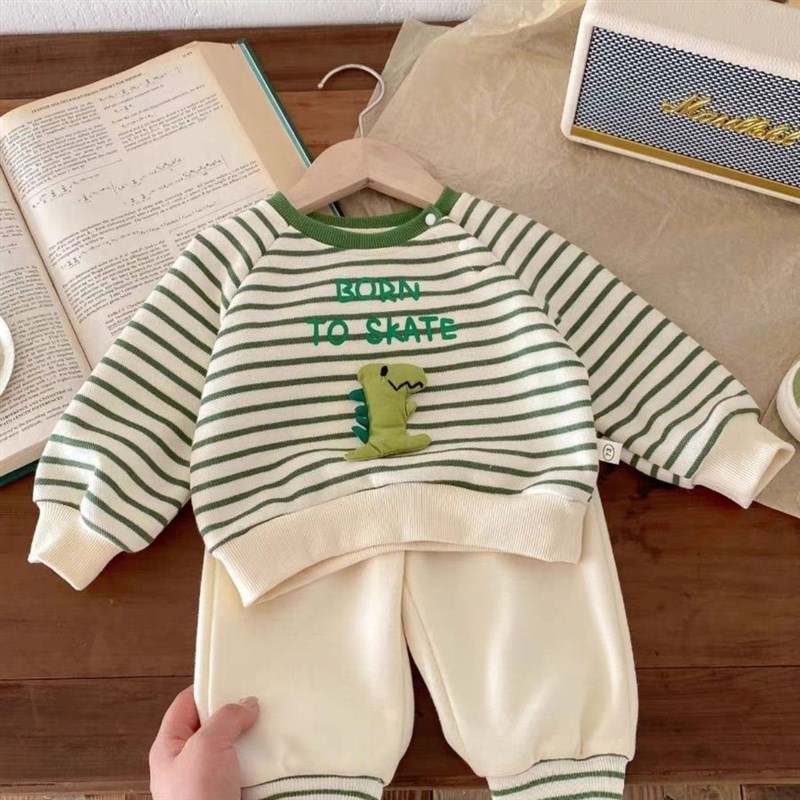 婴幼儿卡通卫衣套装春秋韩版新款男宝宝条纹恐龙卫衣卫裤两件套