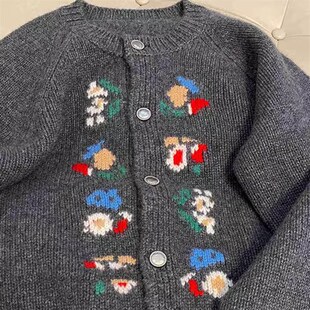 奶系软糯设计感可爱刺绣印花针织衫高级感小众深灰色毛衣开衫女装