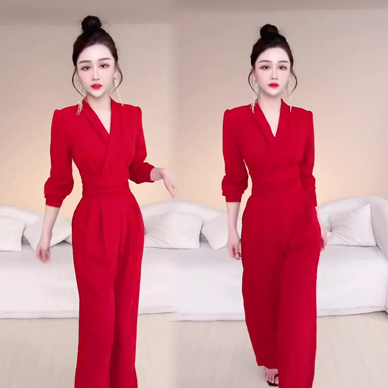 网红爆款时尚连体衣裤女2022年秋季新款韩版显瘦长袖V领阔腿裤潮