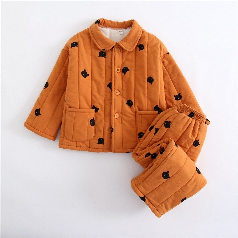 冬季男孩宝宝纯棉加厚加绒可外穿三层夹棉儿童家居服套装男童睡衣