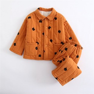 冬季男孩宝宝纯棉加厚加绒可外穿三层夹棉儿童家居服套装男童睡衣