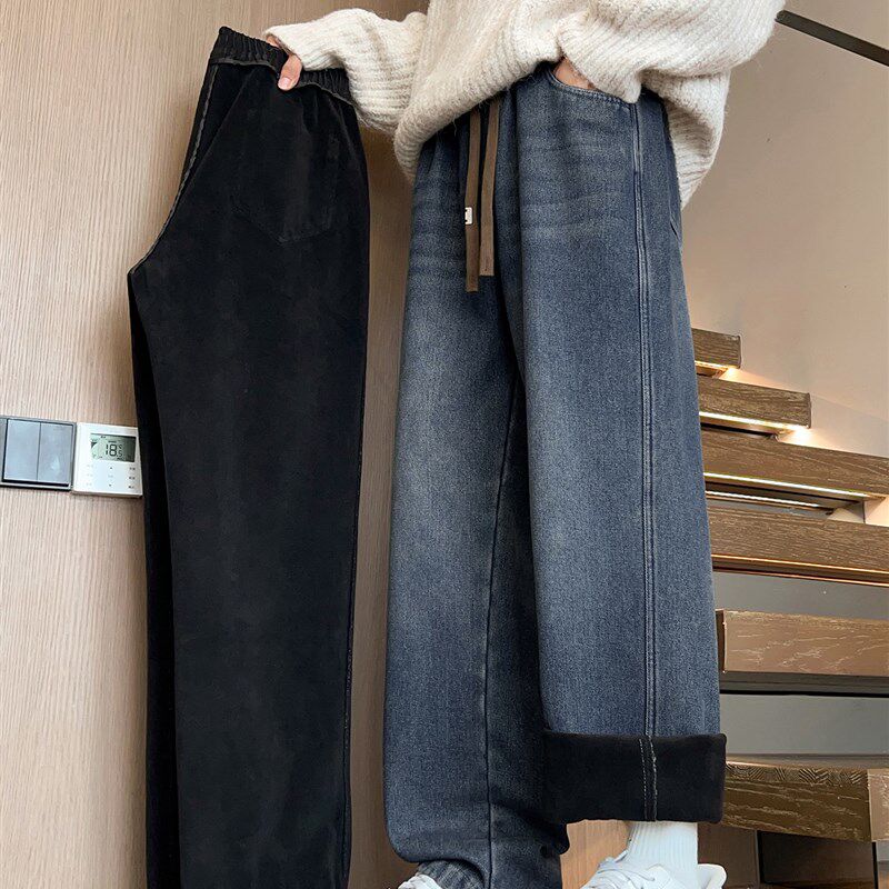 秋冬季加绒牛仔裤子男孩青少年初中高中学生大童加厚直筒休闲长裤