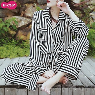 黑白条纹真丝睡衣女款夏季2022新款高级感网红风冰丝长袖长裤套装