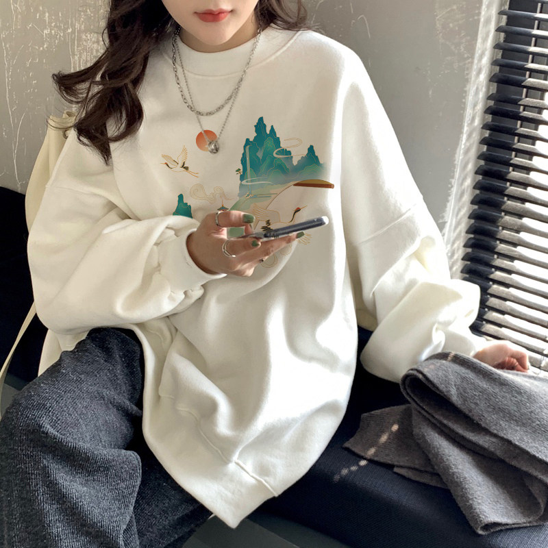 山东即墨国风卫衣女秋冬新款无帽套头宽松圆领加绒大尺码白色上衣