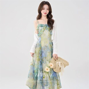 夏法式高级感油画吊带连衣裙女夏季新款漂亮独特套装裙两件套不晚