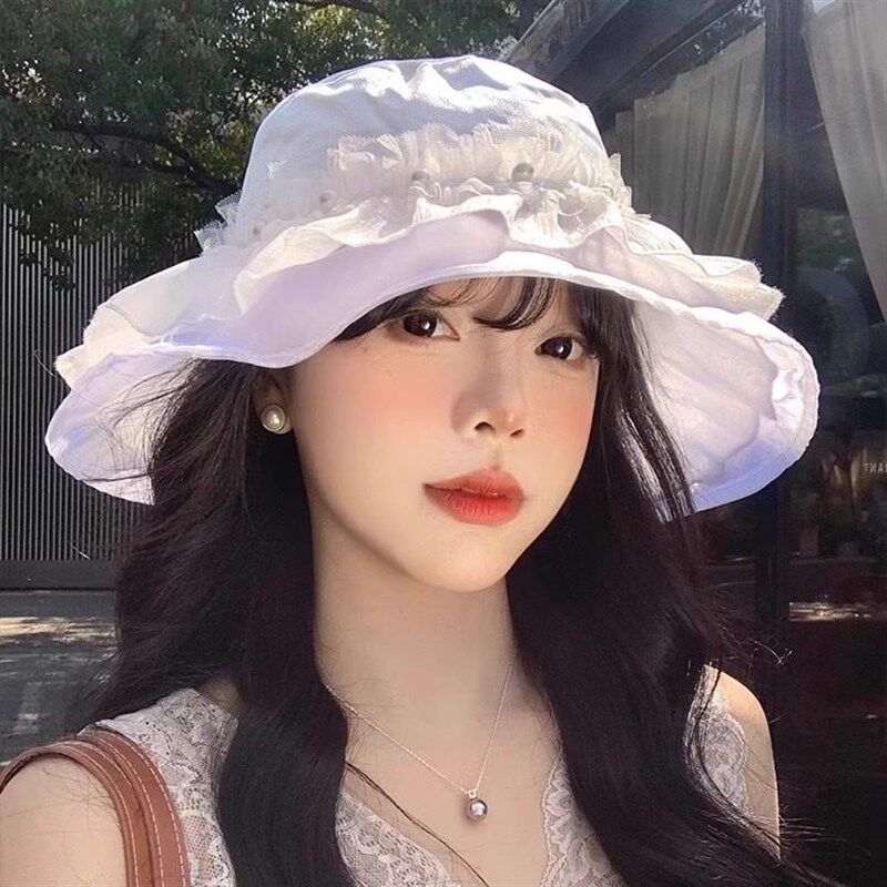 珍珠蕾丝白色渔夫帽女夏季薄款透气显脸小盆帽大头围遮阳防晒帽子